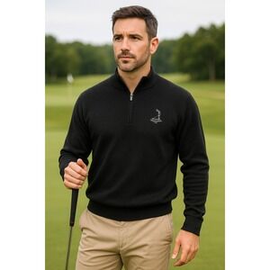 Ashworth Pinehurst 1895 Men's XL 1/4 Zip Sweater 100% Merino Wool Black...